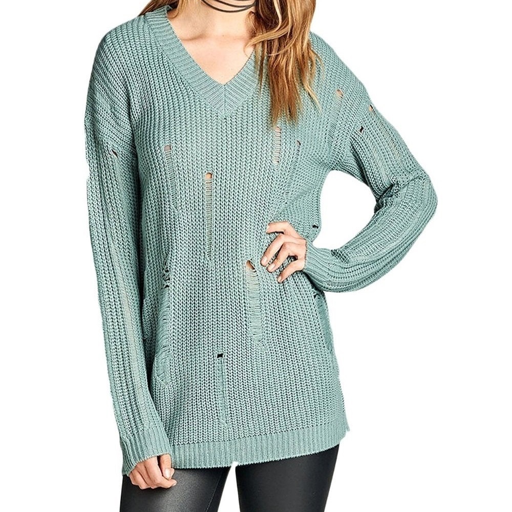 NWOT Distressed Dropped Long Sleeve Sweater in Sage